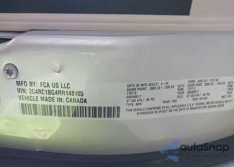 2024 Chrysler Pacifica Touring L z USA, uszkodzony, nr VIN 2C4RC1BG4RR148105